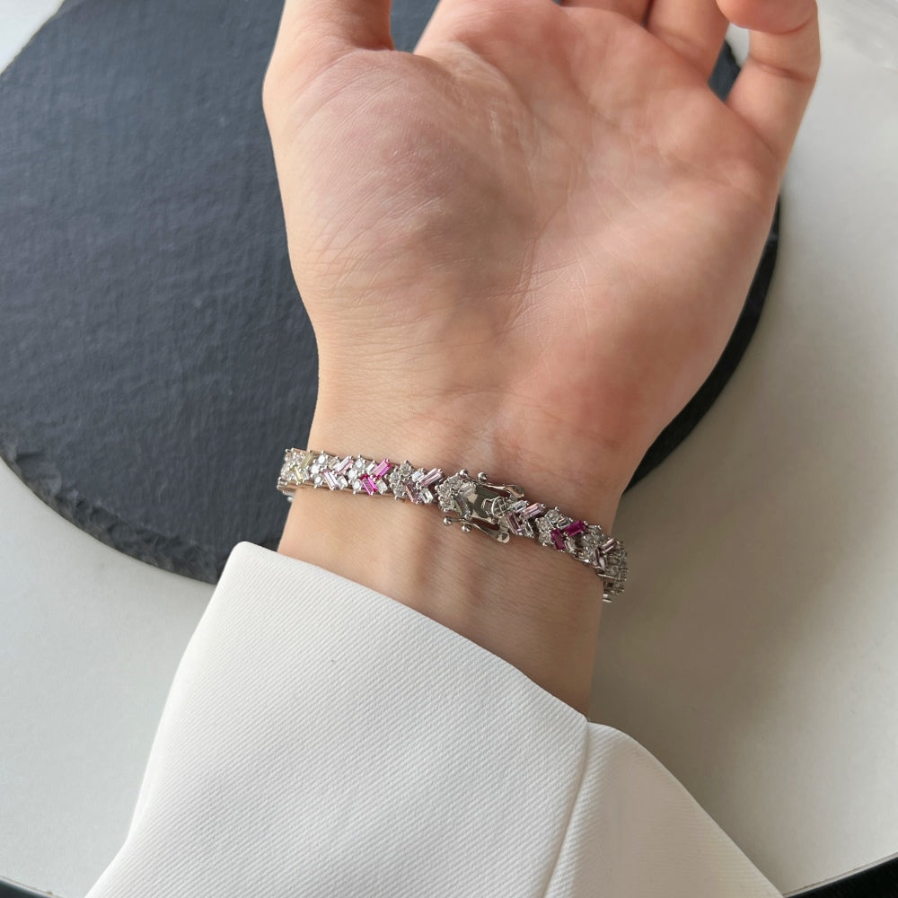 Women's Tennis Bracelet, Rainbow Multicolor Bagu‑Cut Rectangular Zirconia Inlay, S925 with White Gold Plating