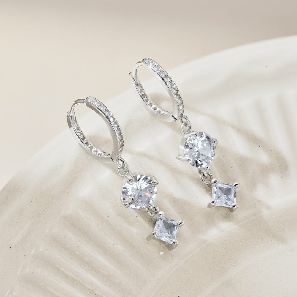 Women's Dangle Earrings, Colorless Round Zirconia Inlaid, S925 with White Gold Plating