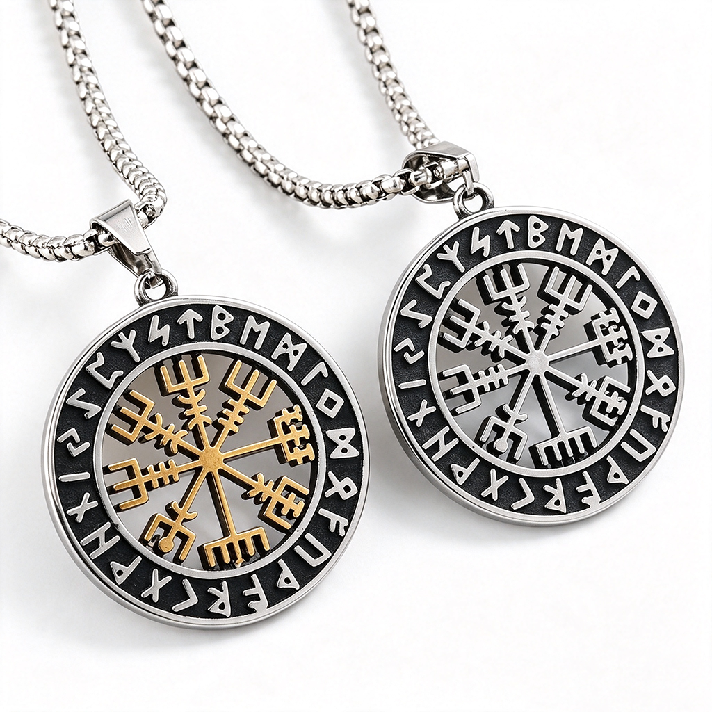Vintage Stainless Steel Men's Viking Compass Double Sided Pendant Necklace