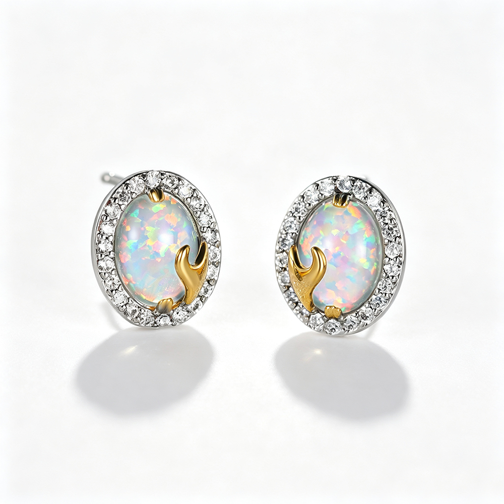 Women's Oval‑Shape Two‑Tone Metal Halo Paved Zirconia Blue / White Opal Stud Earrings, with White Gold Plating