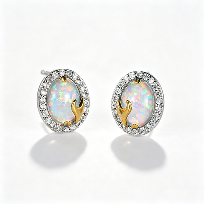 Women's Oval‑Shape Two‑Tone Metal Halo Paved Zirconia Blue / White Opal Stud Earrings, with White Gold Plating