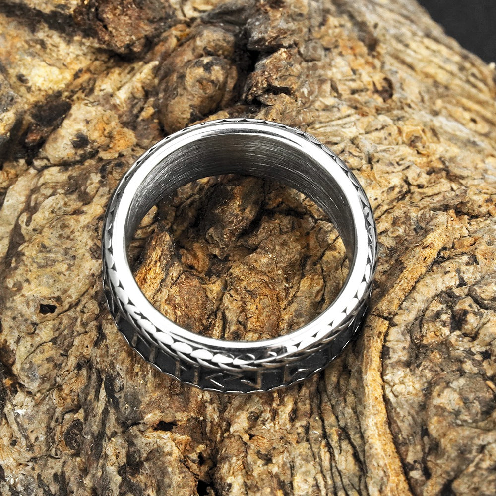 Vintage Antique Oxidized Solid Stainless Steel Norse Viking Rune Braided Trim Wide Circle Band Ring for Men