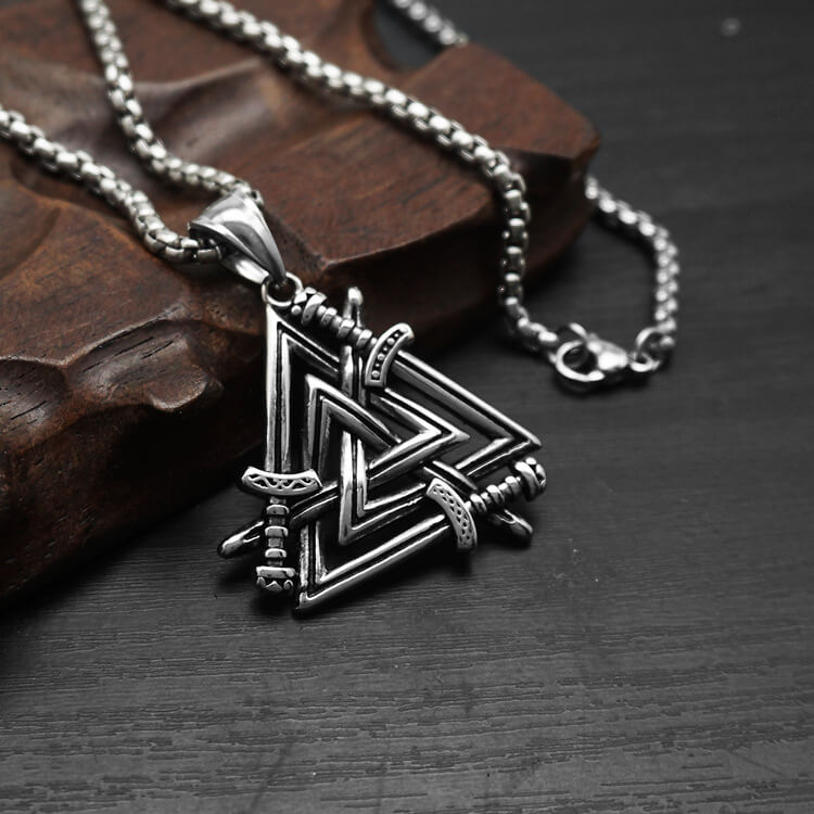 Men's Steel Viking Valknut Sword Pendant Necklace