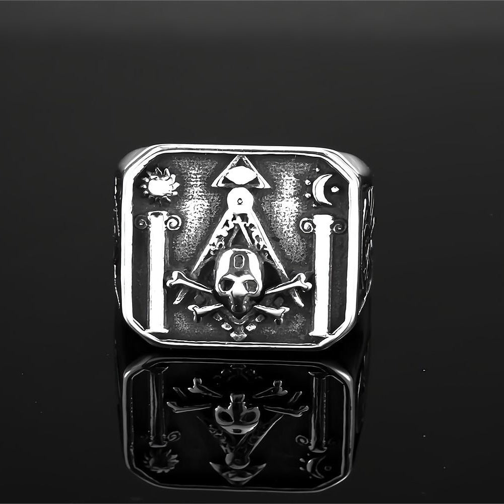 Vintage Stainless Steel AG Masonic Skull Square Statement Ring for Men