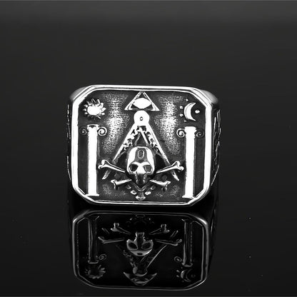 Vintage Stainless Steel AG Masonic Skull Square Statement Ring for Men