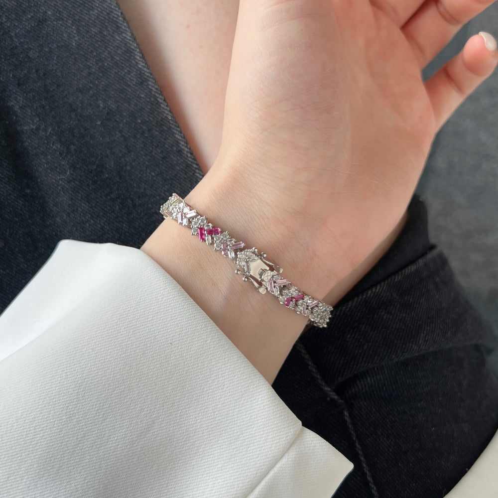 Women's Tennis Bracelet, Rainbow Multicolor Bagu‑Cut Rectangular Zirconia Inlay, S925 with White Gold Plating