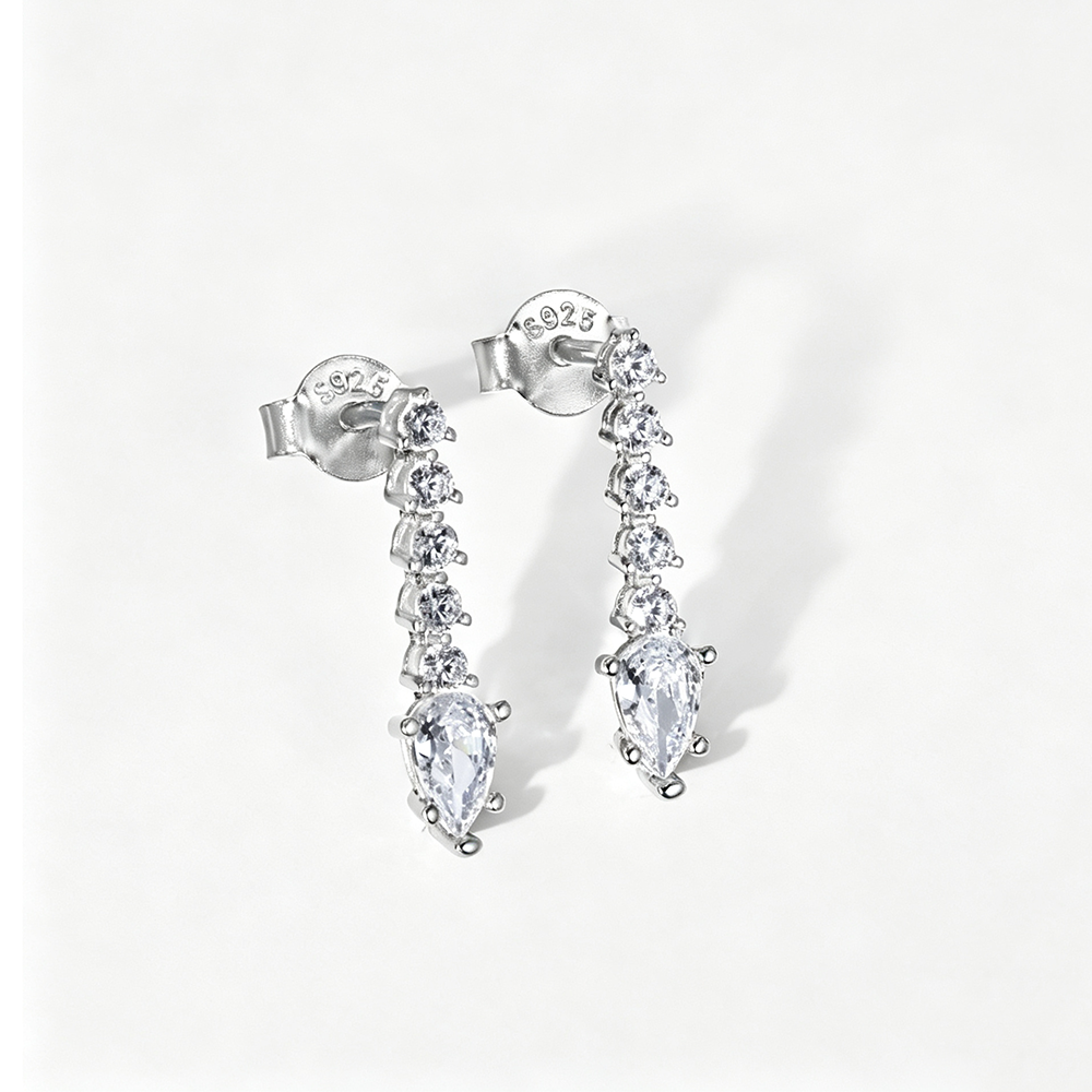 Women's Linear Drop Earrings, Pear‑Shape Center Stone Accompanied by Paved Round Zirconia, S925 with White Gold Plating