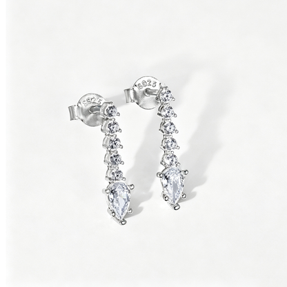 Women's Linear Drop Earrings, Pear‑Shape Center Stone Accompanied by Paved Round Zirconia, S925 with White Gold Plating