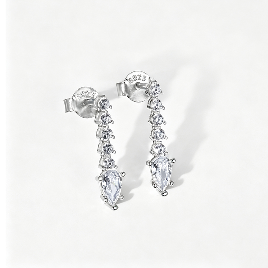 Women's Linear Drop Earrings, Pear‑Shape Center Stone Accompanied by Paved Round Zirconia, S925 with White Gold Plating