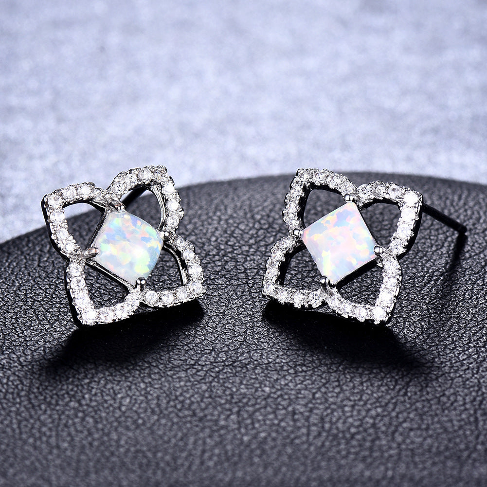 Women's Hollow Clover Square Opal Stud Earrings With Zirconia Halo, with White Gold Plating