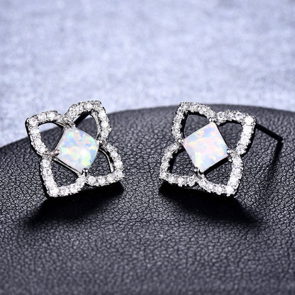 Women's Hollow Clover Square Opal Stud Earrings With Zirconia Halo, with White Gold Plating