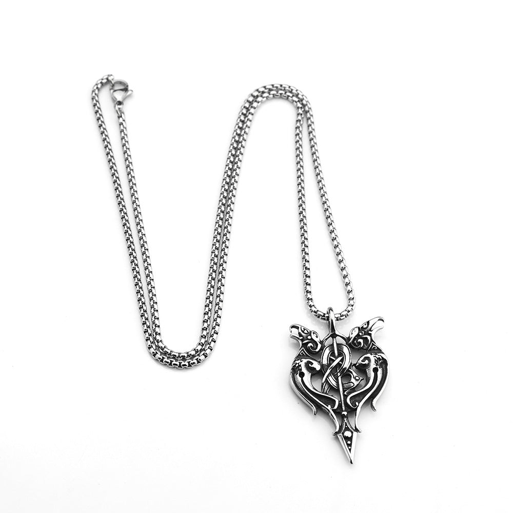 Vintage Antique Oxidized Stainless Steel Men's Norse Viking Twin Raven Celtic Knot Hollow Pendant Necklace