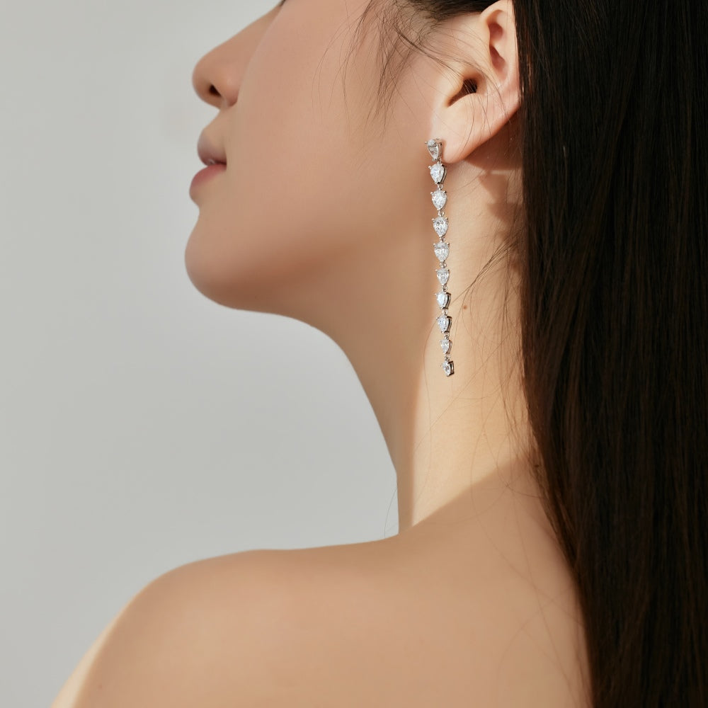 Women's Long Tassel Drop Earrings, Graduated Pear‑Shape Zirconia, S925 with White Gold Plating