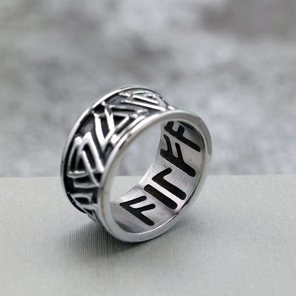 Vintage Stainless Steel Viking Rune Crow Carved Ring for Men