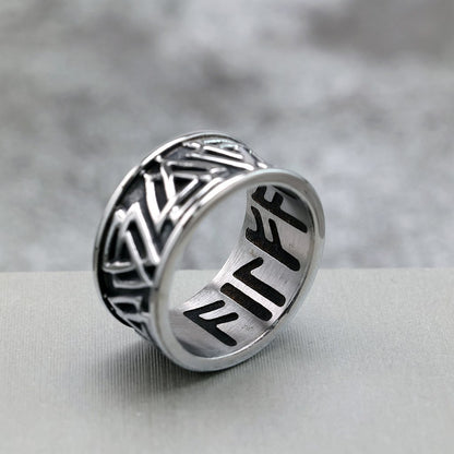 Vintage Stainless Steel Viking Rune Crow Carved Ring for Men