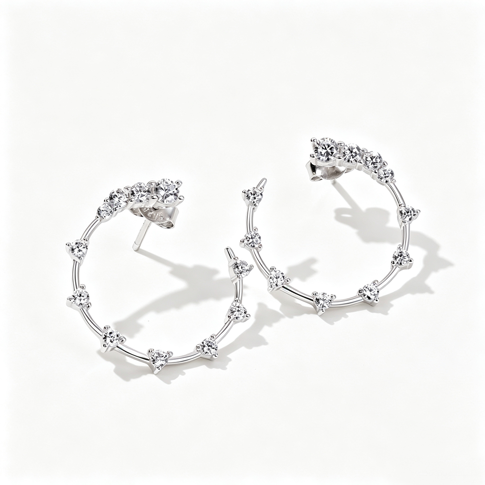 Women's C‑Shape Hoop Earrings, Starry Round Zirconia Paved, S925 with White Gold Plating