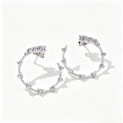 Women's C‑Shape Hoop Earrings, Starry Round Zirconia Paved, S925 with White Gold Plating