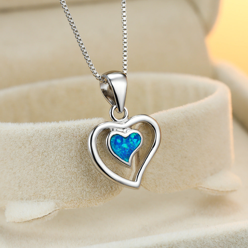 Double Heart Blue Opal Necklace