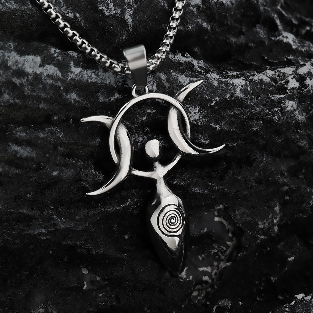 Vintage Stainless Steel Men's 3D Moon Star Goddess Pendant Necklace for Men