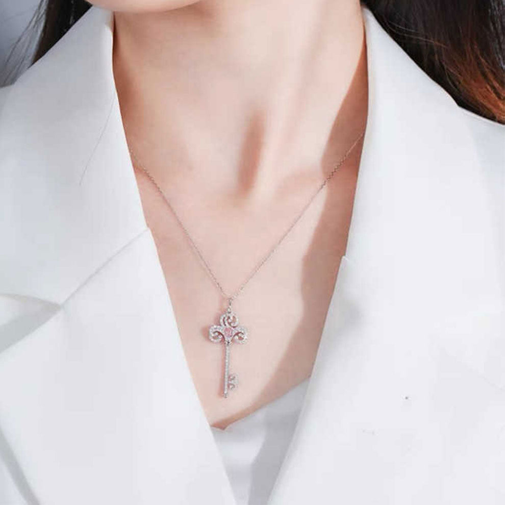 Women's White Gold Classic Iris Key Shape Pink Sapphire Pendant
