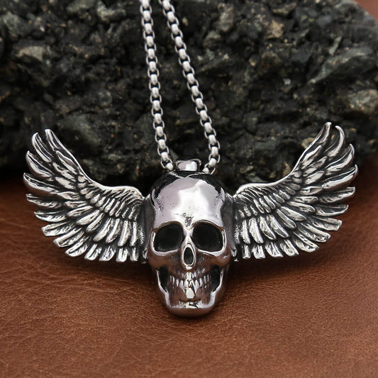 Men's Steel 3D Relief Winged Skull Pendant Necklace