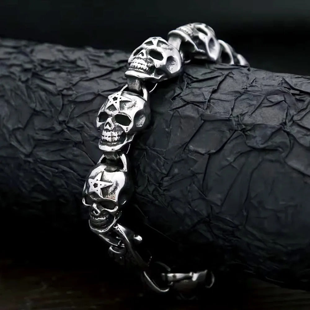 Men's Vintage Hip Hop Stainless Steel Chain Bracelet, Engraved Skull Star Pattern Lobster Clasp Fashion Wrist Bangle Jewelry
