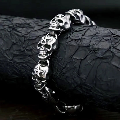 Men's Vintage Hip Hop Stainless Steel Chain Bracelet, Engraved Skull Star Pattern Lobster Clasp Fashion Wrist Bangle Jewelry