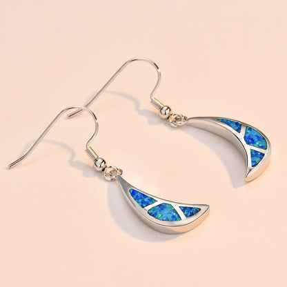 Women's Crescent‑Moon Mosaic Blue & White Opal Hook Dangle Earrings, White Gold Plating