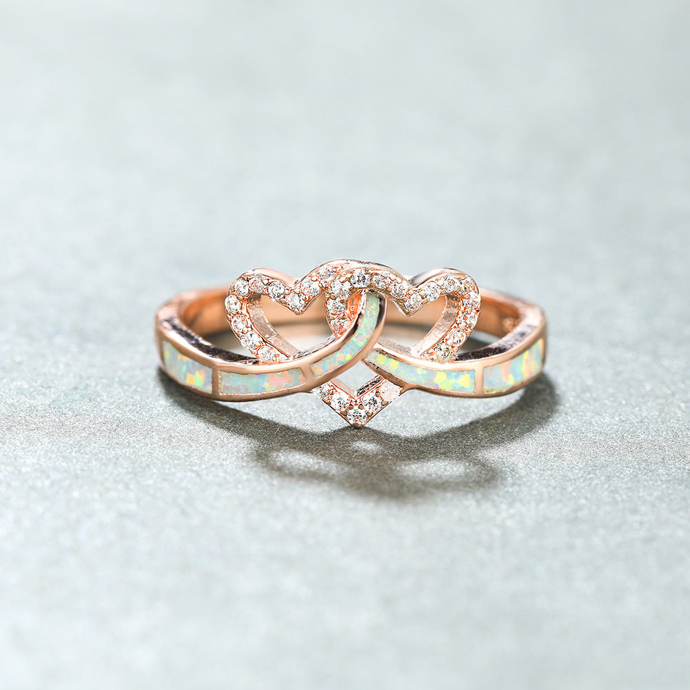 Women's Intertwined Double Heart Opal With Zirconia Ring