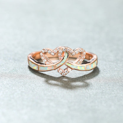 Women's Intertwined Double Heart Opal With Zirconia Ring