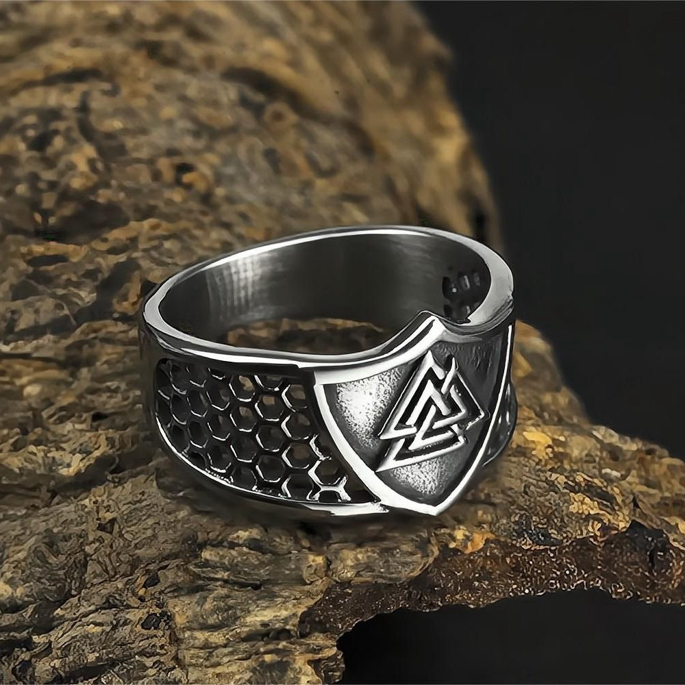 Vintage Solid Stainless Steel Hollow Norse Viking Valknut Triangle Band Ring for Men