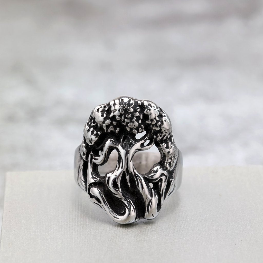 Vintage Solid Stainless Steel Punk Hollow Tree of Life Ring for Men