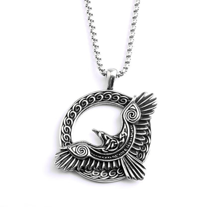 Vintage Stainless Steel Men's Single Sided Viking Raven Round Pendant Necklace