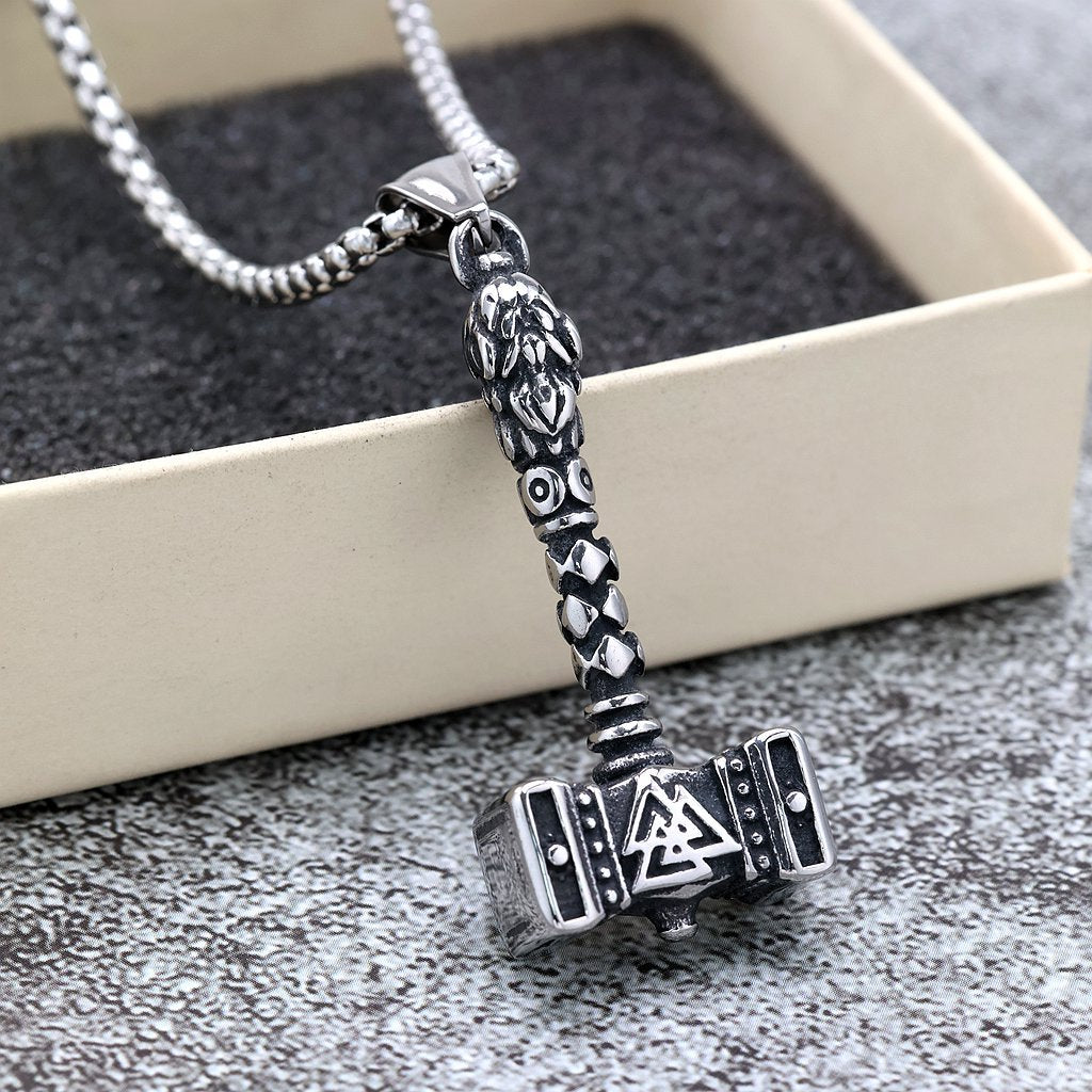 Vintage Stainless Steel Viking Hammer Pendant Necklace for Men