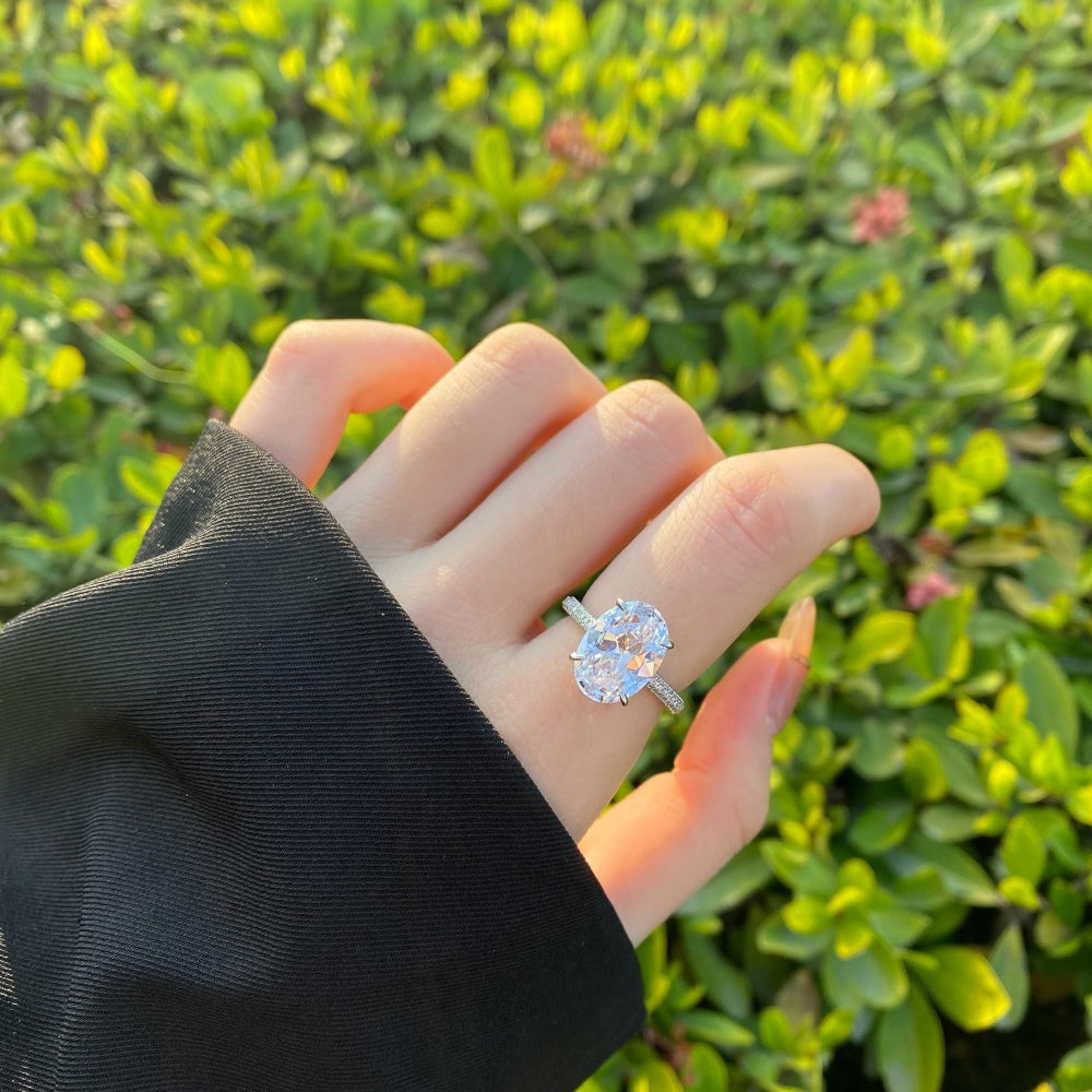 Women's Prong Set Oval Solitaire Zirconia Ring, S925 with White Gold Plating, Pave Band