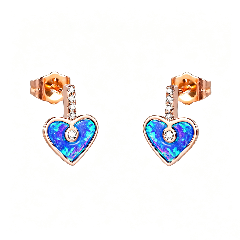 Women's Heart‑Shape Stud Earrings, Paved Zirconia With White Opal / Blue Opal Inlay, with White Gold Plating / Rose Gold Plating