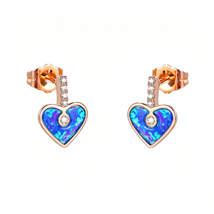 Women's Heart‑Shape Stud Earrings, Paved Zirconia With White Opal / Blue Opal Inlay, with White Gold Plating / Rose Gold Plating