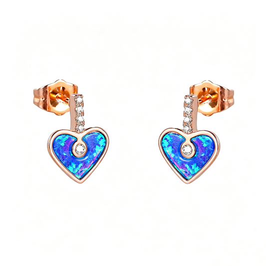 Women's Heart‑Shape Stud Earrings, Paved Zirconia With White Opal / Blue Opal Inlay, with White Gold Plating / Rose Gold Plating