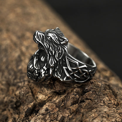 Vintage Antique Oxidized Solid Stainless Steel Norse Viking 3D Wolf Head Triquetra Celtic Knot Band Ring for Men