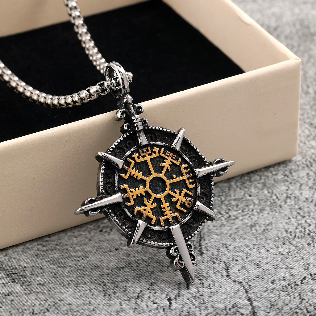 Vintage Stainless Steel Viking Ship Wheel Pendant Necklace for Men