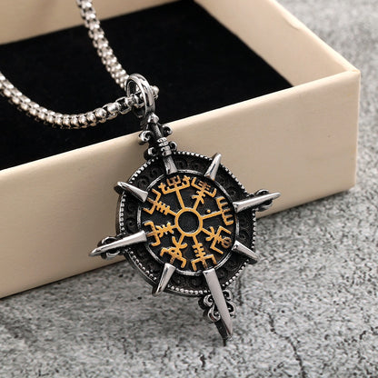 Vintage Stainless Steel Viking Ship Wheel Pendant Necklace for Men