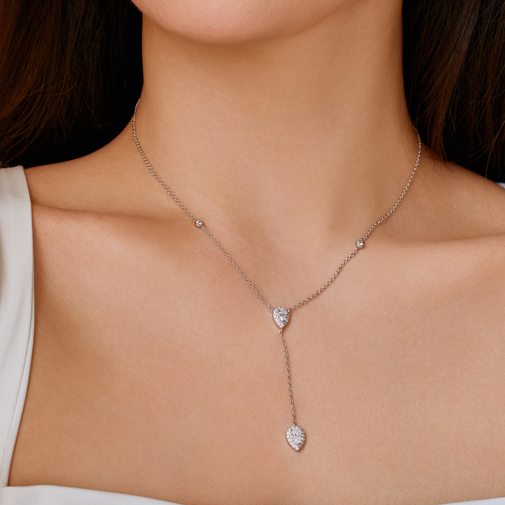 Women's Delicate Pendant Necklace, Pear Shape Zirconia & Round Zirconia Inlay, S925 with White Gold Plating