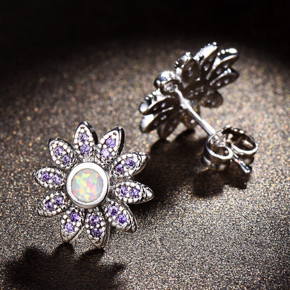 Women's Sunflower‑Shape Stud Earrings, Blue Opal / White Opal Inlay With Zirconia Accents, with White Gold Plating