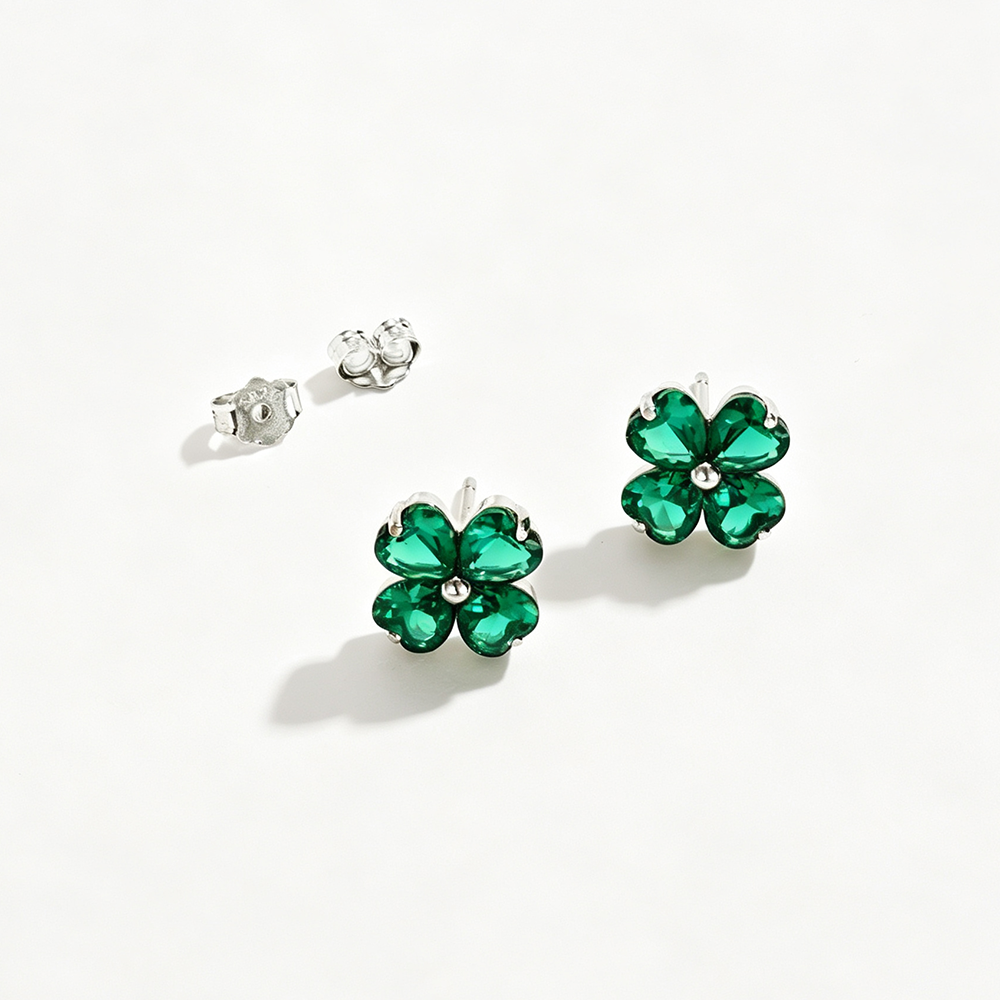 Women's Clover Stud Earrings, Heart‑Shape Emerald with Bead Accent, S925 with White Gold Plating