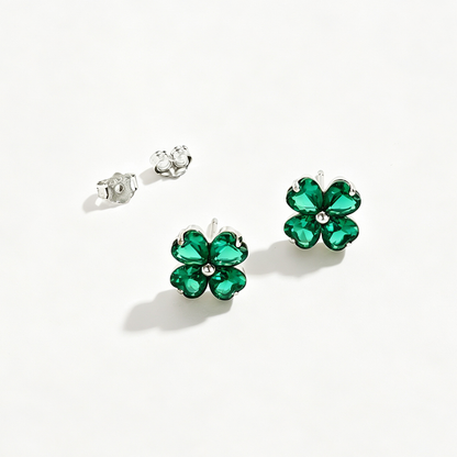 Women's Clover Stud Earrings, Heart‑Shape Emerald with Bead Accent, S925 with White Gold Plating