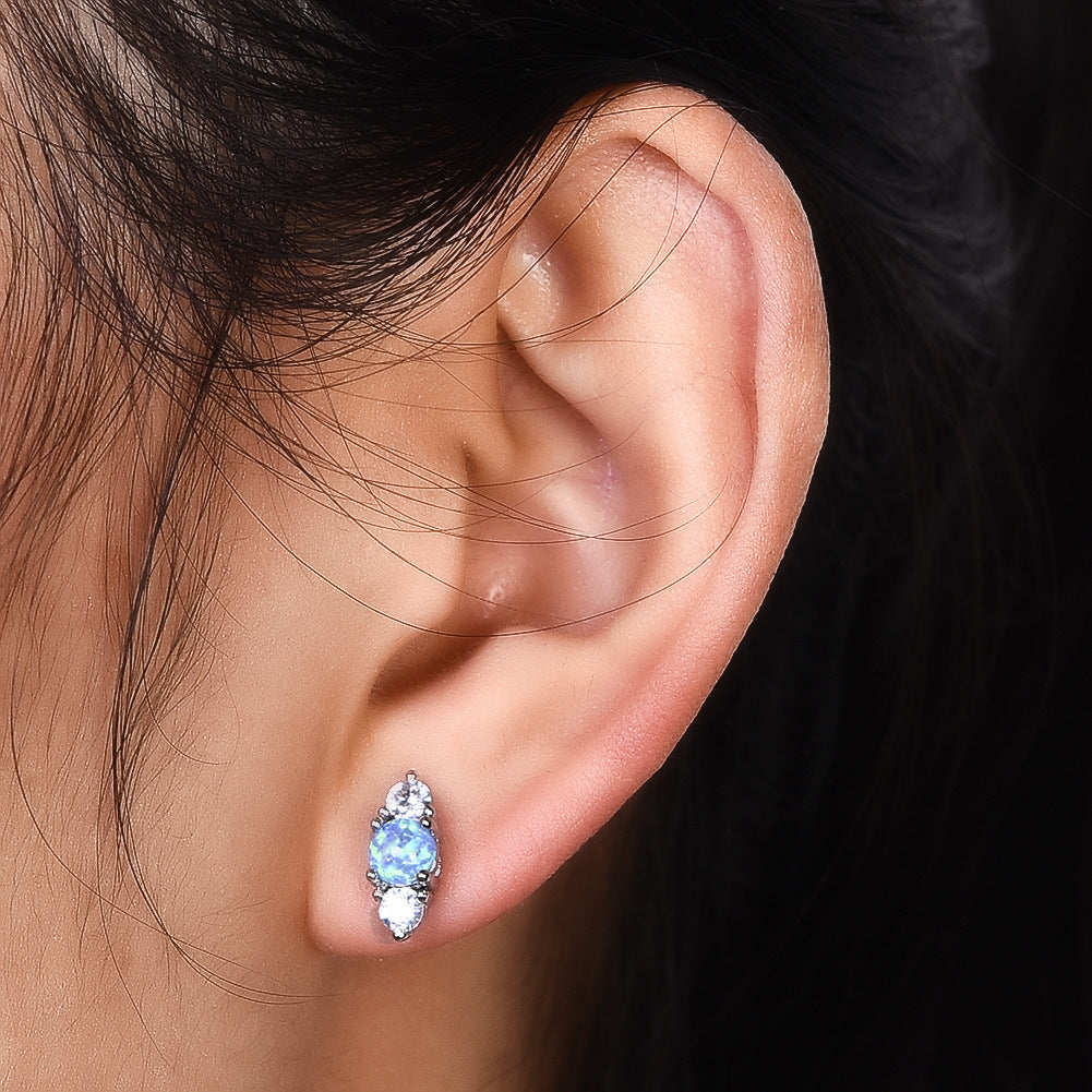 Women's Three‑Stone Stud Earrings With Round Opal & Round Zirconia, with White Gold / Rose Gold Plating