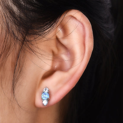 Women's Three‑Stone Stud Earrings With Round Opal & Round Zirconia, with White Gold / Rose Gold Plating
