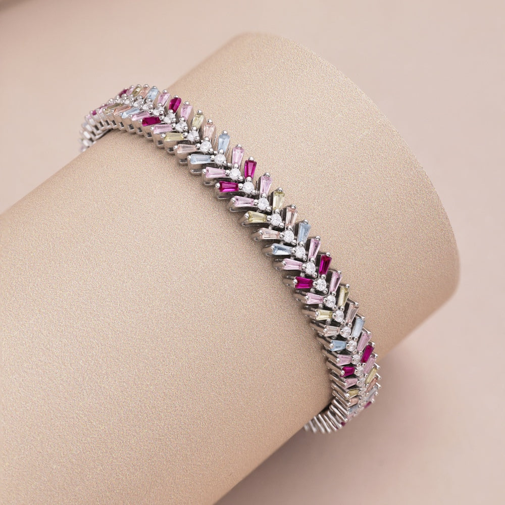 Women's High‑End Bracelet, Baguette Multicolor Gemstone & Round White Zirconia Row Inlay, S925 with White Gold Plating