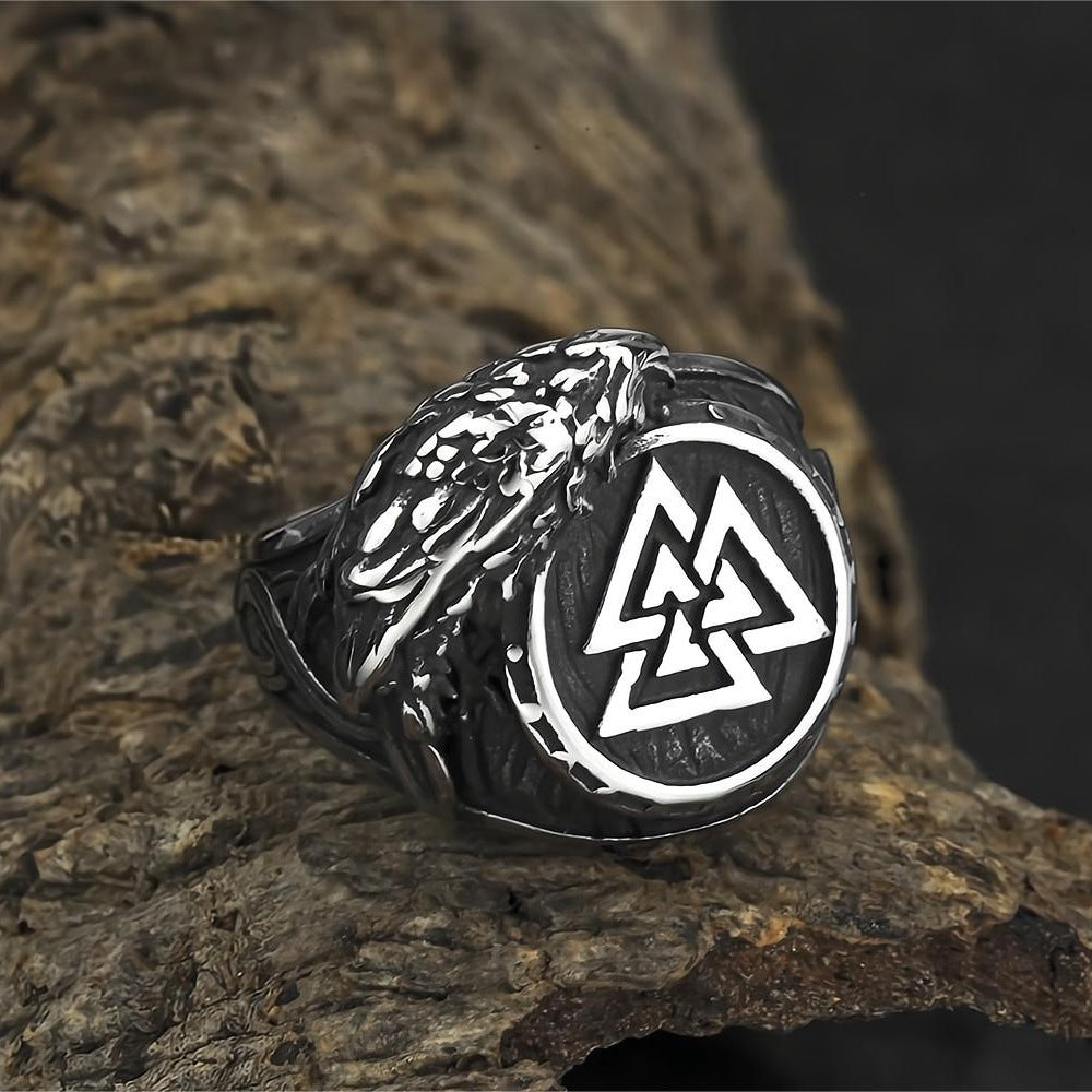 Vintage Solid Stainless Steel Viking Triangle Symbol Crow Totem Band Ring for Men