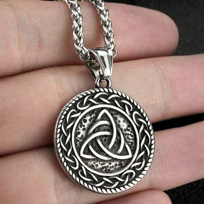 Men's Steel Celtic Triquetra Round Tag Pendant Necklace